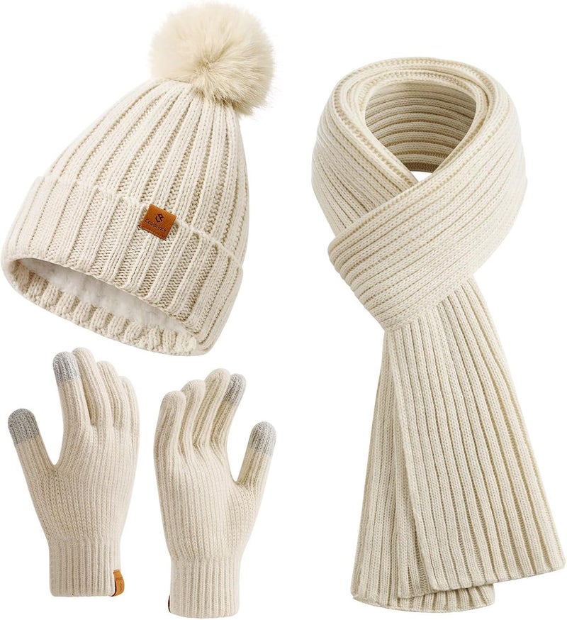 Coolprince Womens Long Scarf Gloves and Hat Set Cold Weather Hat Scarf Glove Set for Women Winter Beanie Hats with Pom Pom - Image 1